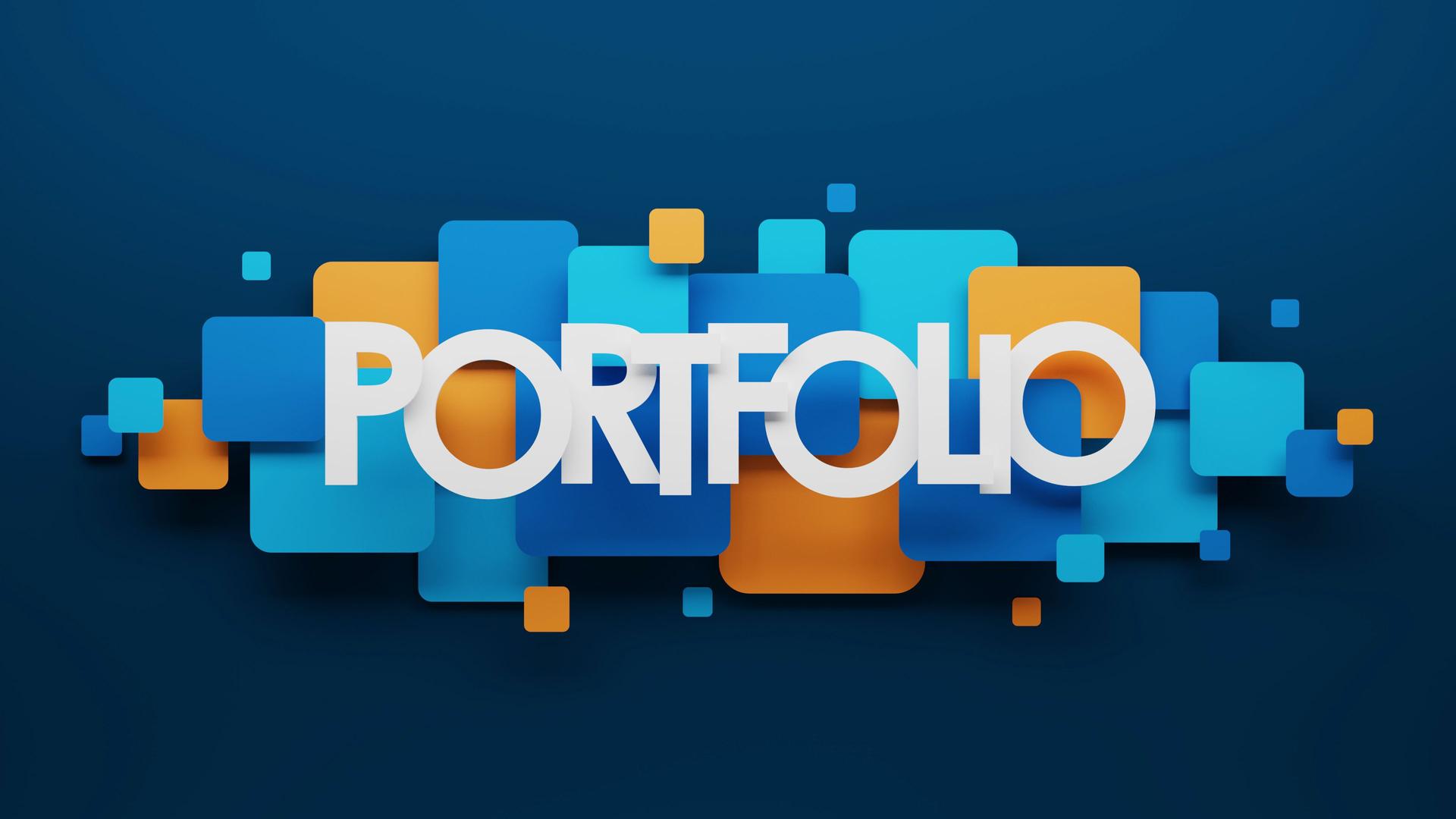 3D render of PORTFOLIO blue and orange typography banner