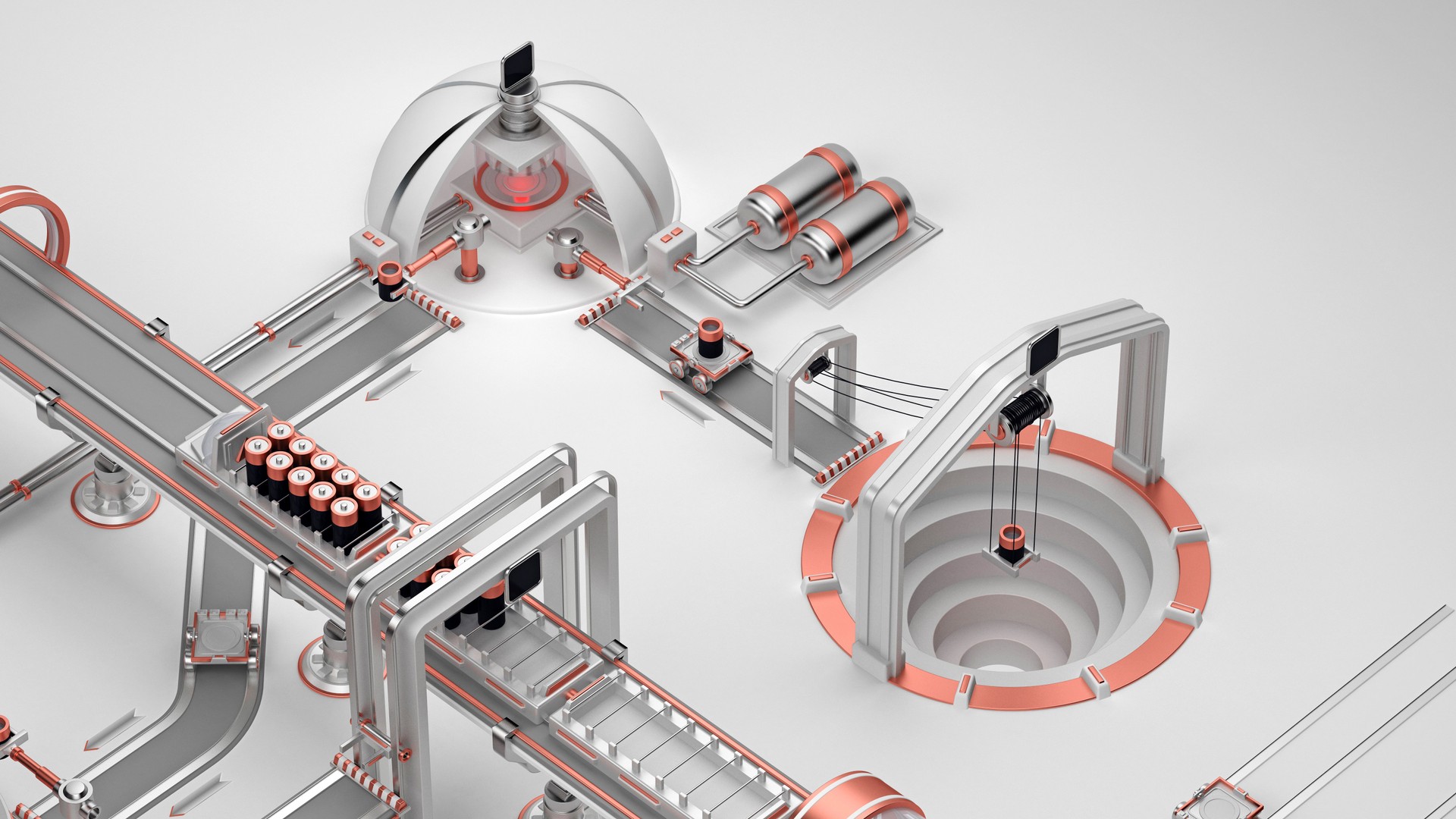 Isometric futuristic industrial factory setup with conveyors, machinery, and tanks, highlighting advanced production processes and automation in a high-tech, clean environment. 3d rendering