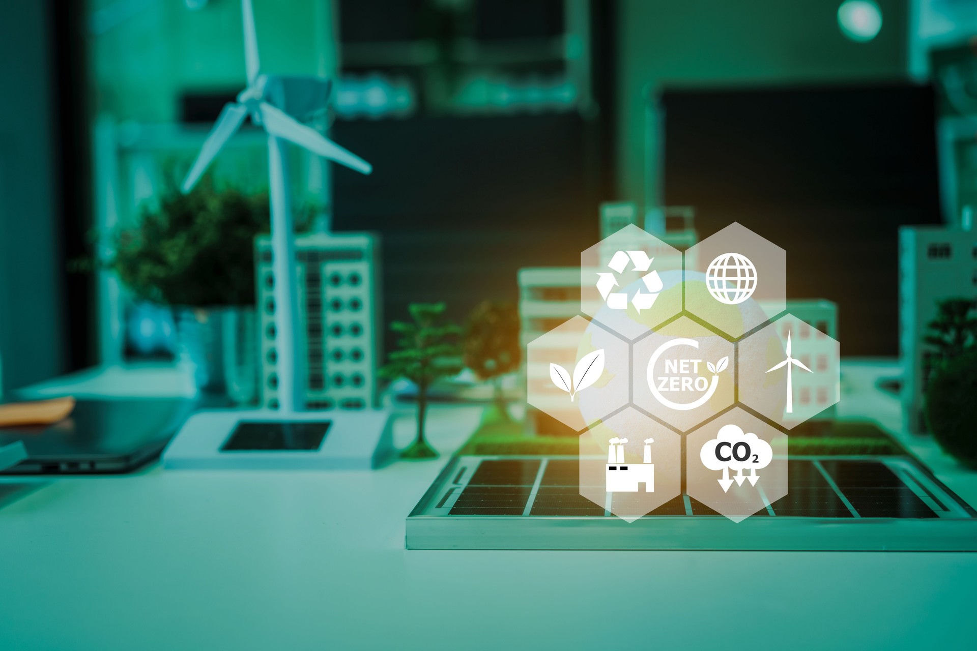 An innovative wind turbine project for a sustainable future in a modern city, focusing on renewable energy solutions for a greener environment and zero carbon emissions by 2050.